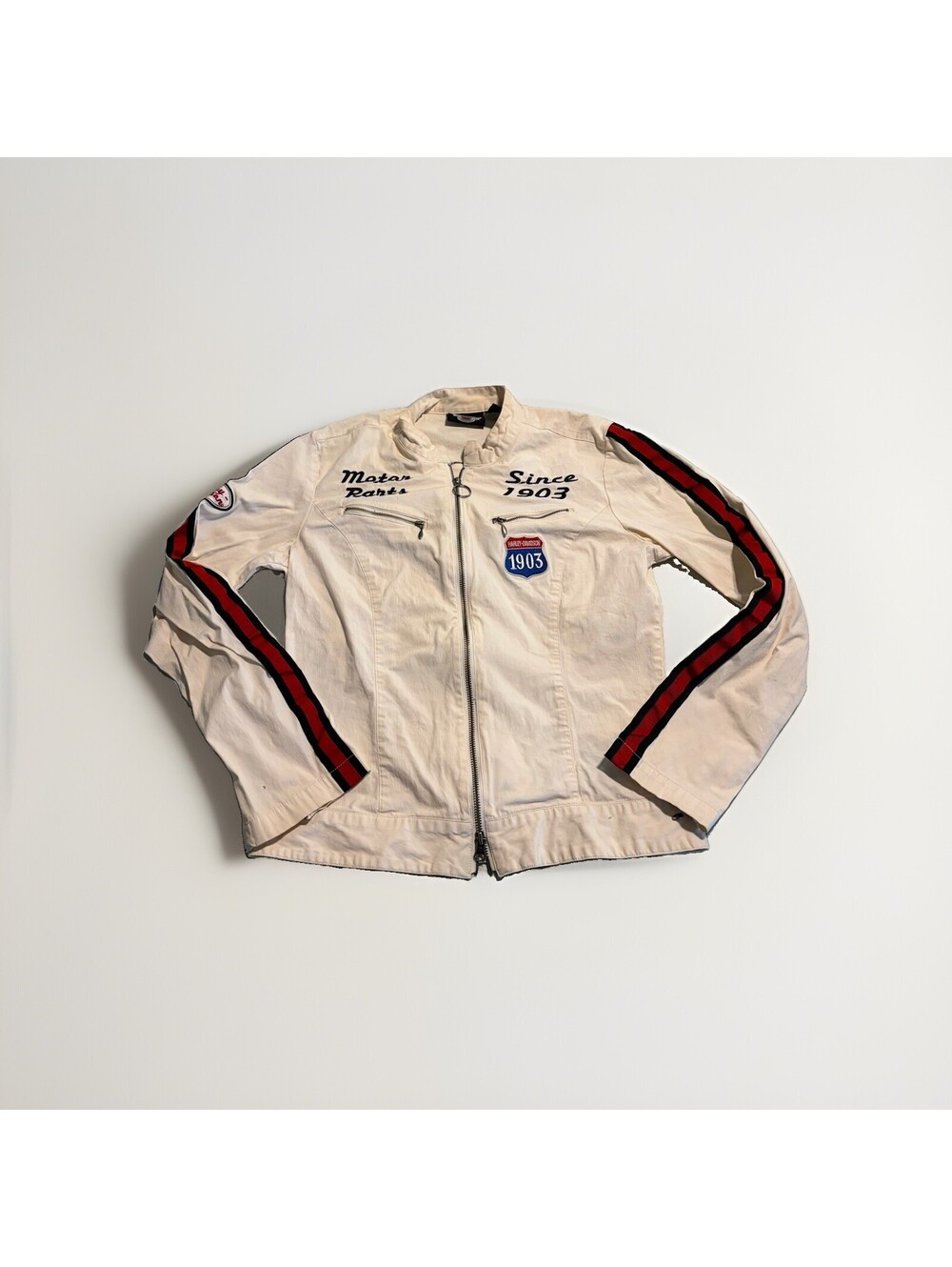 Harley Davidson Womens Moto Jacket White Cotton Biker Racing Stripe Small